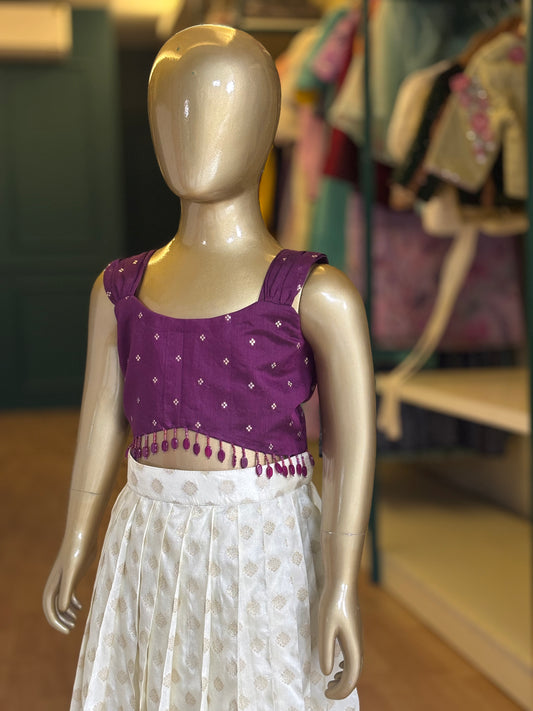 Royal Plum & Ivory Brocade Crop Top & Skirt Set