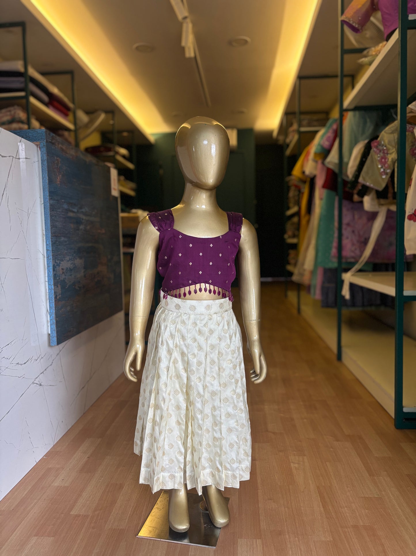 Royal Plum & Ivory Brocade Crop Top & Skirt Set